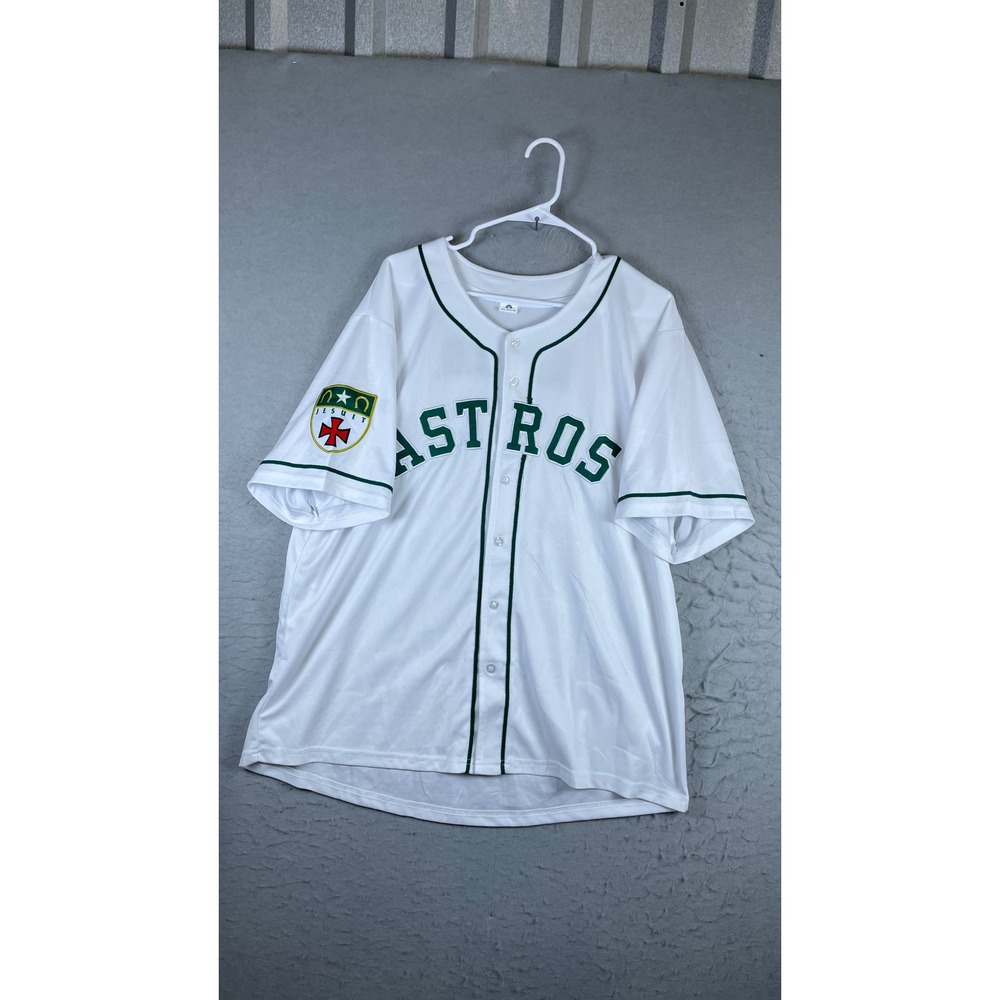 Houston Astros Baseball Jersey Mens L White Excellent Jesuit AMDG 60 Green Trim